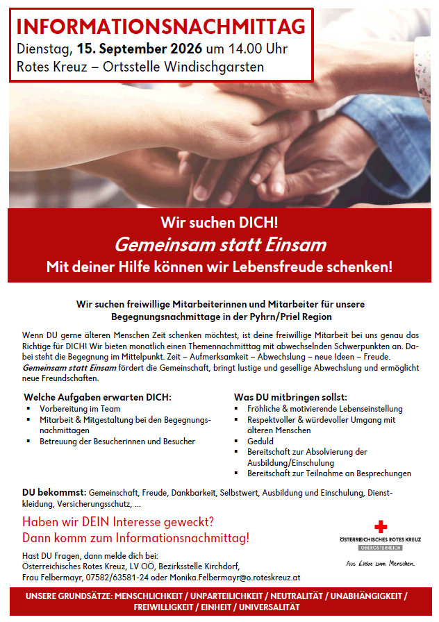 Ein Plakat für eine Freiwilligen-Rekrutierungsveranstaltung des Roten Kreuzes in der Pyhrn/Priel-Region. Es zeigt ein Bild von sich haltenden Händen und Text auf Deutsch. Es lädt Menschen ein, sich für Begleitaktivitäten für ältere Menschen zu melden.
