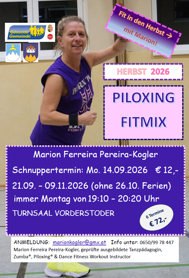 A woman in a purple shirt is smiling and pointing to a poster advertising a fitness class called 'Piloxing Fitmix' by Marion Ferreira Pereira-Kogler. The poster includes details such as the start date, location, and cost.