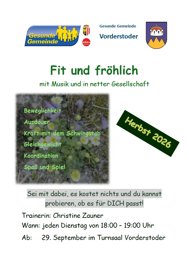 A poster advertising a free fitness and wellness program for the fall of 2026, featuring a group of flowers and a green banner with the text 'Herbst 2026'. The program includes activities like music, socializing, and exercises for mobility, endurance, strength, balance, coordination, relaxation, and play. The program is free and open to everyone.