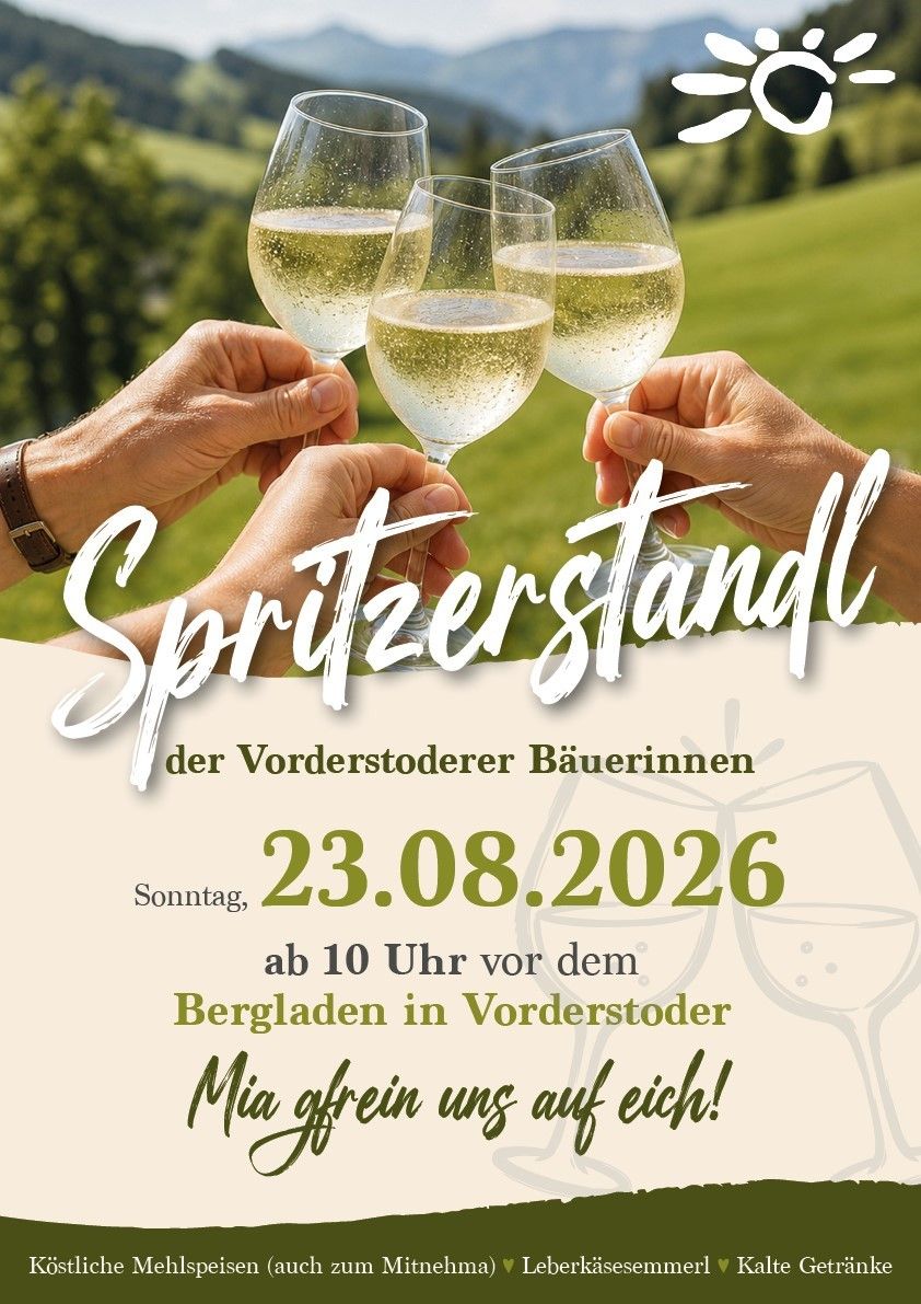 Plakat für eine Weinverkostung von Vorderstoder Bauern, geplant für den 23. August 2026, Beginn um 10 Uhr in Vorderstoder. Das Plakat zeigt Hände, die Weinkelche anstoßen.