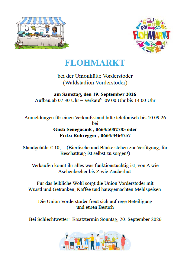 Plakat für einen Flohmarkt bei Union United Vordestorfer mit einer farbenfrohen Illustration einer Marktszene, Daten, Zeiten und Kontaktinformationen.