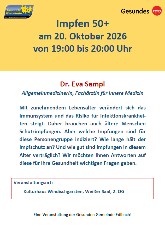 Ein Flyer für eine Impfveranstaltung für Menschen über 50 am 20. Oktober 2026 von 19:00 bis 20:00 Uhr, veranstaltet von Dr. Eva Sampl, Allgemeinmedizinerin und Fachärztin für Innere Medizin. Der Flyer behandelt die Bedeutung von Impfungen für ältere Erwachsene und lädt die Teilnehmer ein, Fragen zur Impfeignung und -dauer zu stellen.
