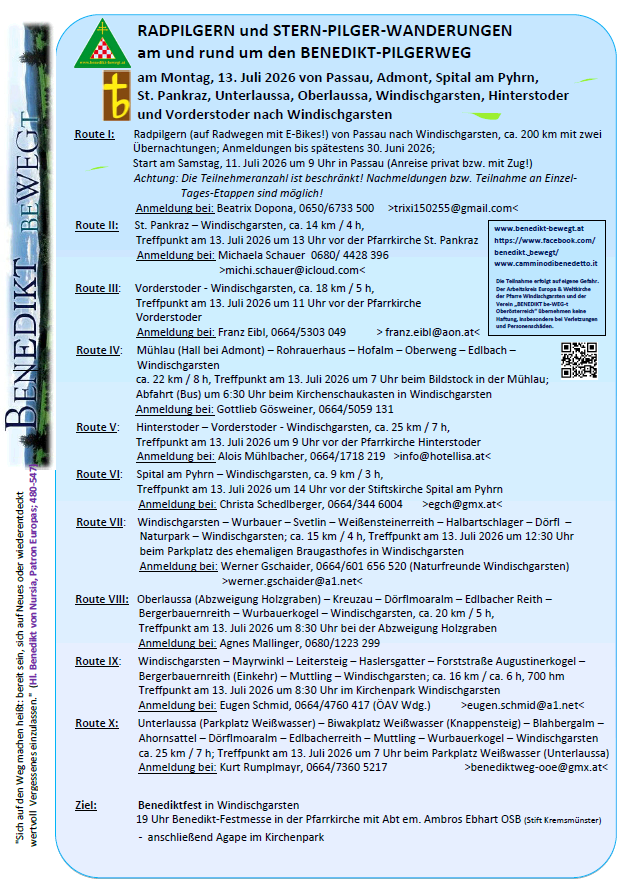 Image shows a page with routes for a pilgrimage event on July 13, 2026. Multiple routes are listed with their starting points, distances, and contact information. The routes include various destinations such as Passau, Admont, and Windischgarsten. Details include start times, distances, and contact details for each route.