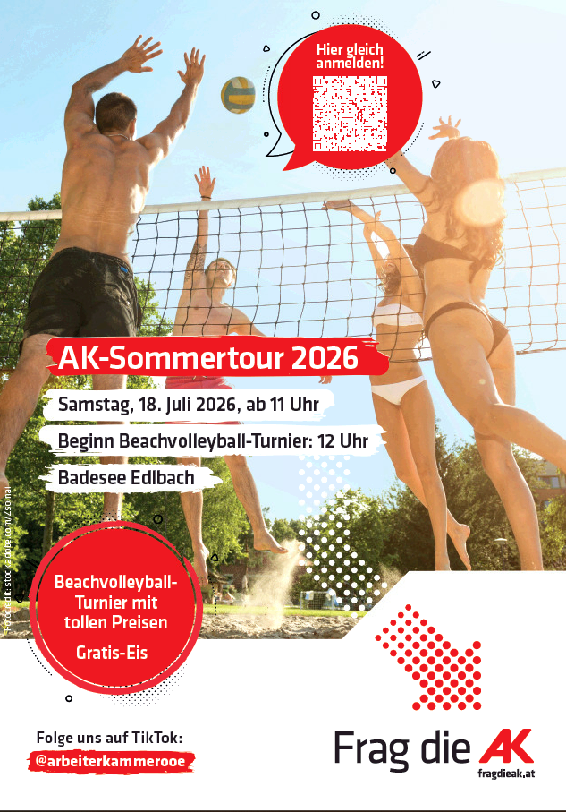 An advertisement for the AK-Sommertour 2026, featuring beach volleyball players at Badesee Edelbach on July 18, 2026. The event starts at 11 AM, with the beach volleyball tournament at noon. Free ice is offered.