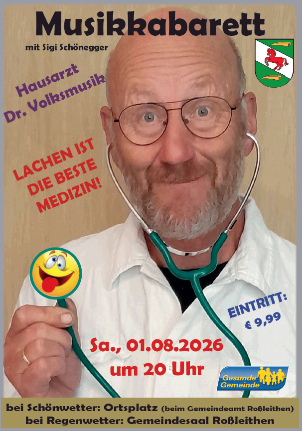 An older man with a stethoscope around his neck, holding a stethoscope with a smiley face, event announcement with date and ticket price.