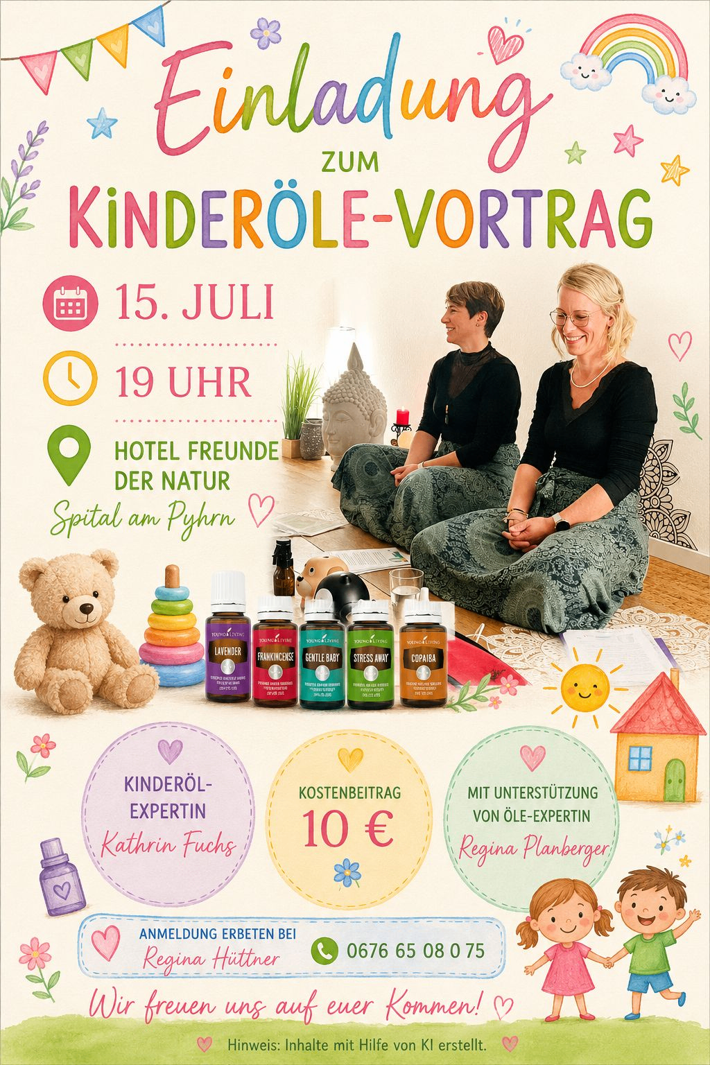 Two women are sitting on the floor with a few items on a table. An event poster for Kinderoel Vortrag with details about the date, time, and location. There are also some bottles of oil and a stuffed toy on the floor.