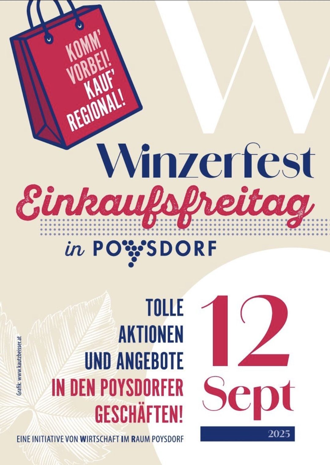 Ein Werbeplakat für den Einkaufstag des Weinfests in Poysdorf. Zeigt einen Einkaufsbeutel, fette Schrift und eine 12-Tage-Zählung.