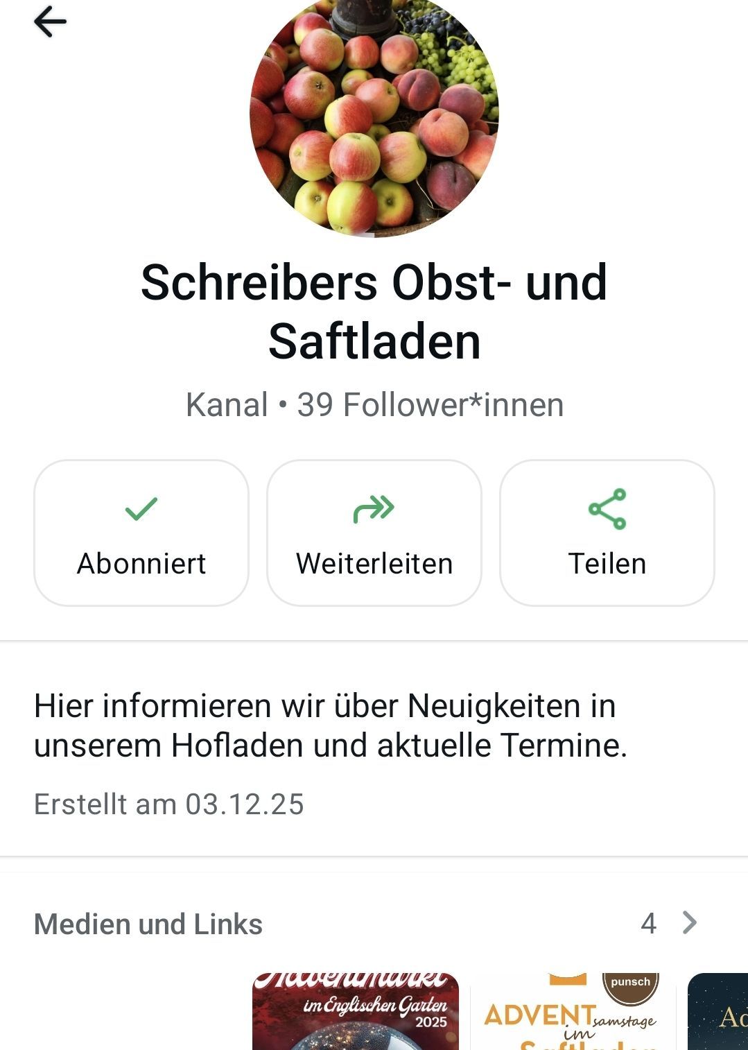 Inhalt zum Thema Landwirtschaft mit Fokus auf Schreibers Obst und Obstgärten. Die Seite hat 39 Follower. Optionen sind abonnieren, weiterlesen und teilen. Es informiert über Neuigkeiten im Obstgarten und aktuelle Termine. Erstellt am 03.12.25.