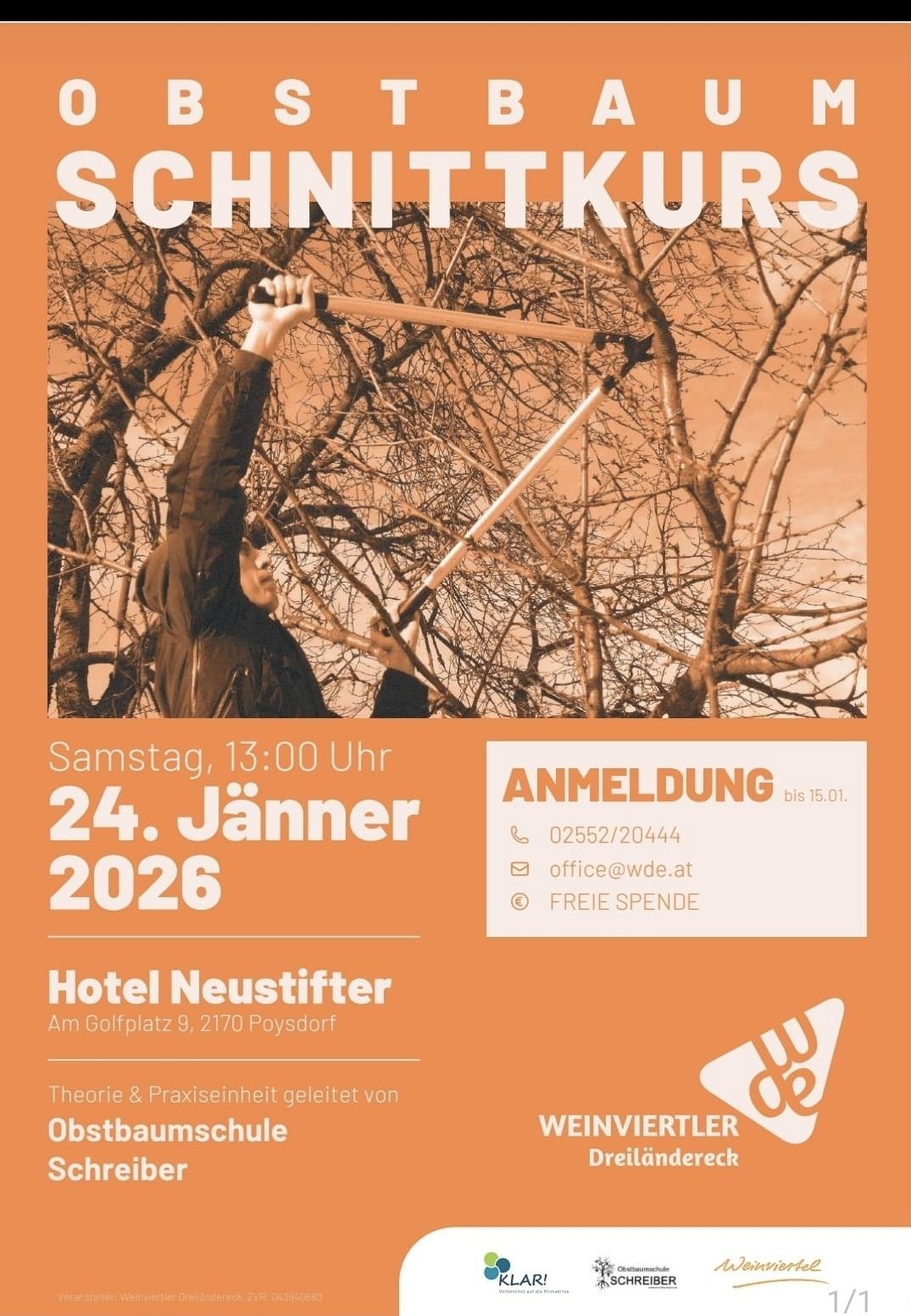 Eine Werbung für einen Workshop mit einer Person, die einen Stock hält. Das Ereignis findet am Samstag, 24. Januar 2026, um 13:00 Uhr statt. Der Ort ist Hotel Neustifter. Kontaktinformationen werden bereitgestellt.