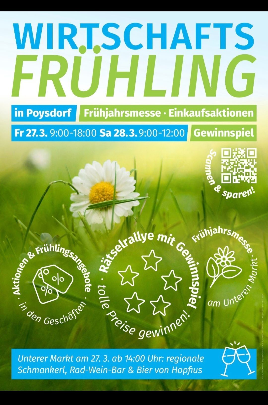 Frühlingsfest in Poysdorf. Frühjahrsmesse mit Einkaufsrabatten. Fr 27.3. 9-18 Uhr, Sa 28.3. 9-12 Uhr. Gewinnspiel. Sparen und Preise gewinnen. QR-Code.