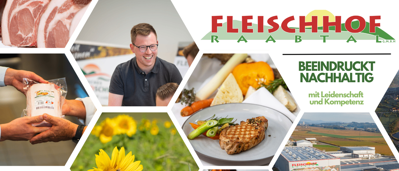 Eine Collage von Bildern mit einem lächelnden Mann, einem Teller mit gegrilltem Fleisch und Gemüse, einer Sonnenblume und einem Fabrikgebäude. Der Text 'Fleisch R A B' ist prominent angezeigt.