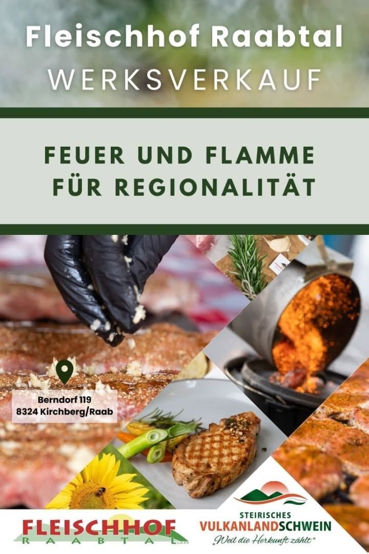Werbung für ein regionales Restaurant mit einem Koch, der Fleisch würzt, einem brutzelnden Grill und einem Teller mit gegrilltem Fleisch und Gemüse. Der Text lautet 'Feuer und Flamme für Regionalität'.