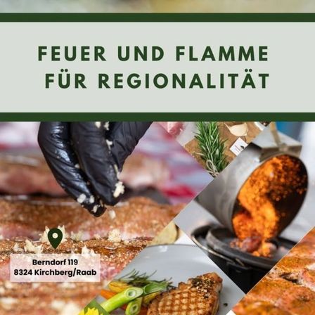 Werbung für ein regionales Restaurant mit einem Koch, der Fleisch würzt, einem brutzelnden Grill und einem Teller mit gegrilltem Fleisch und Gemüse. Der Text lautet 'Feuer und Flamme für Regionalität'.