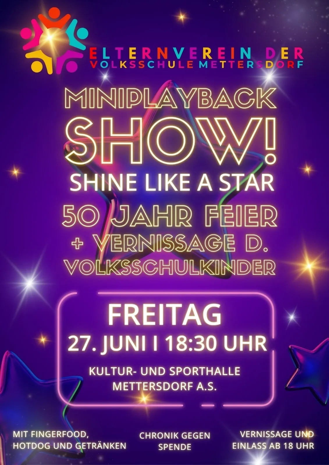 Mini-Playback-Show 'Shine Like a Star' feiert 50 Jahre mit einem Treffen für Volksschulkinder am Freitag, 27. Juni um 18:30 Uhr in der Kultur- und Sporthalle Mettersdorf A.S.