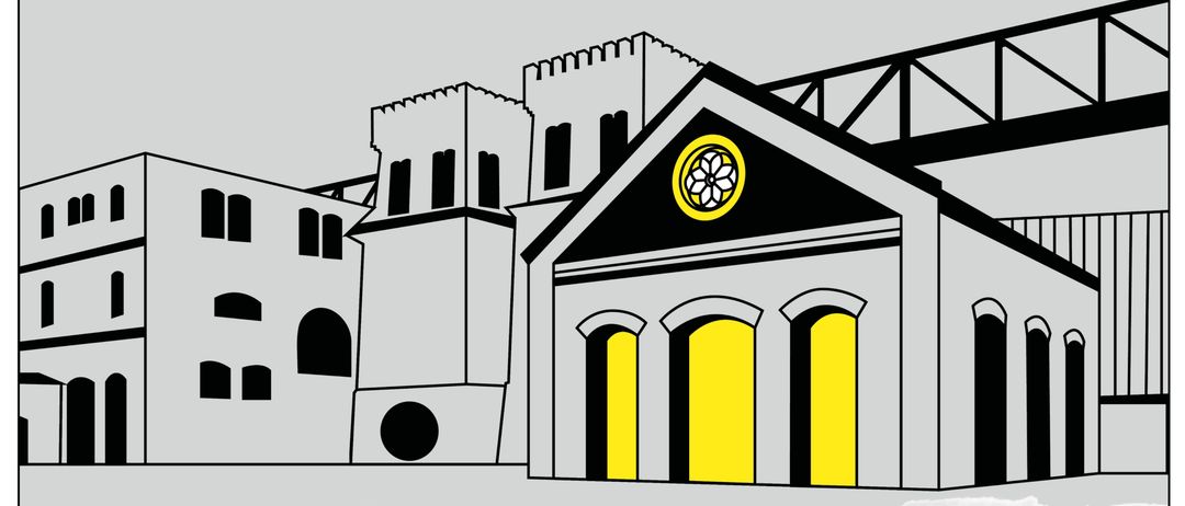 Plakat für das Theaterstück 'Tiefe Gewässer' von Philipp Hauser, mit einem Gebäude mit einem gelben Bogen und einer Uhr, vom 22. bis 30. August 2025. Mit Lara Bumbacher, Julia Hammerl und Clemens Janout, unter der Regie von Juliane Aixener.