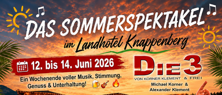 Ein Veranstaltungsposter für Die 3 mit Zeitplan vom 12. bis 14. Juni 2026. Höhepunkte sind ein großes Open-Air-Konzert am 12. Juni, italienischer Abend am 13. Juni und ein Samstagsprogramm mit Musik und Genuss.