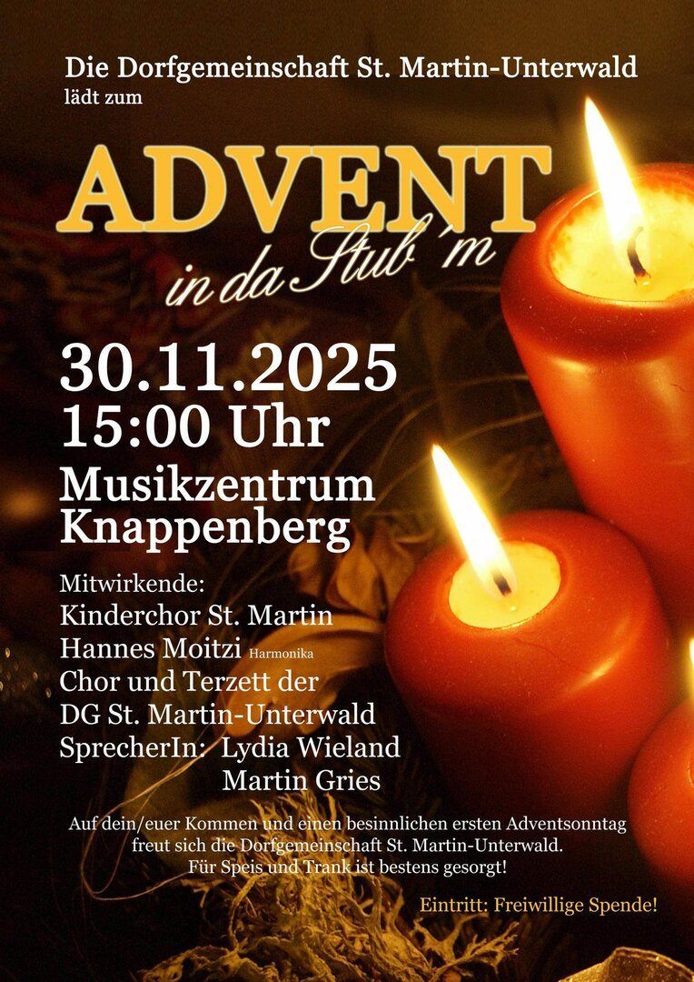 Ein Adventsevent 'ADVENT in da Stuhl'n' am 30.11.2025 um 15:00 im Musikzentrum Knappenberg. Mit Kinderchor St. Martin, Hannes Moitzi und Lydia Wieland.