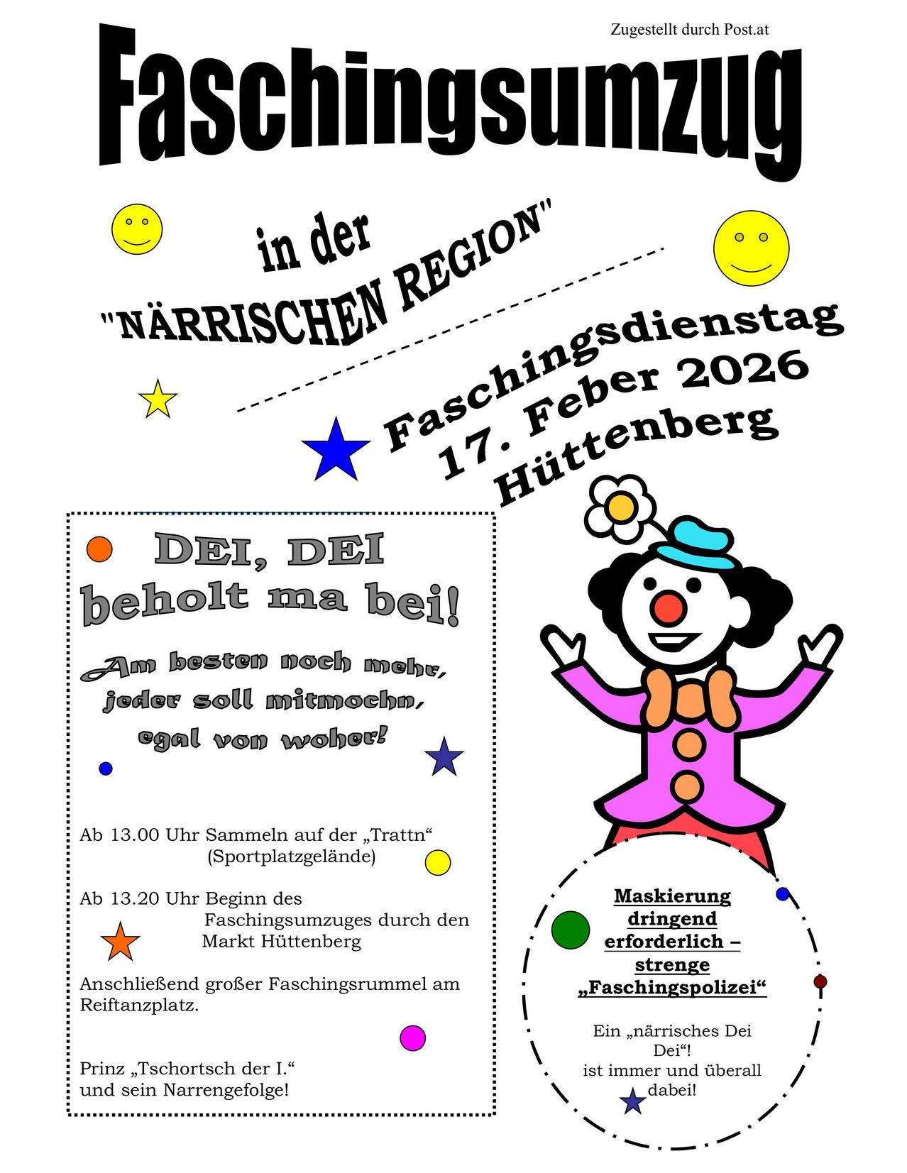 Plakat für den Faschingsdienstag in der Narrschen Region am 17. Februar 2026 in Huttenberg. Es zeigt einen fröhlich aussehenden Clown mit Details zur Zusammenkunft und strenger Maskenpflicht.