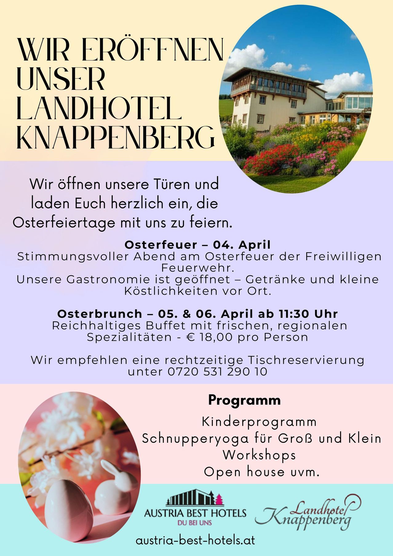 Landhotel Knappenberg welcomes guests for Easter celebrations. Events include an Easter fire, an Easter brunch, and various workshops. Reservations are recommended.
