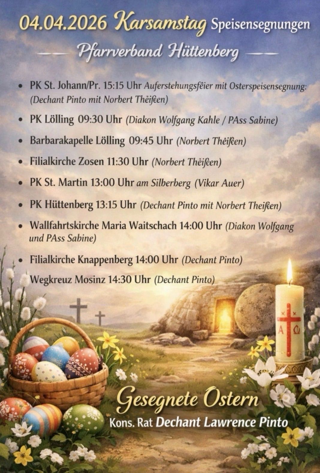An Easter card lists several church services, including PK St. Johann/Pr. with a 15:15 service. Other times include 09:30 at PK Lölling and 09:45 at Barbarakapelle Lölling. The card has a basket of Easter eggs and a candle.