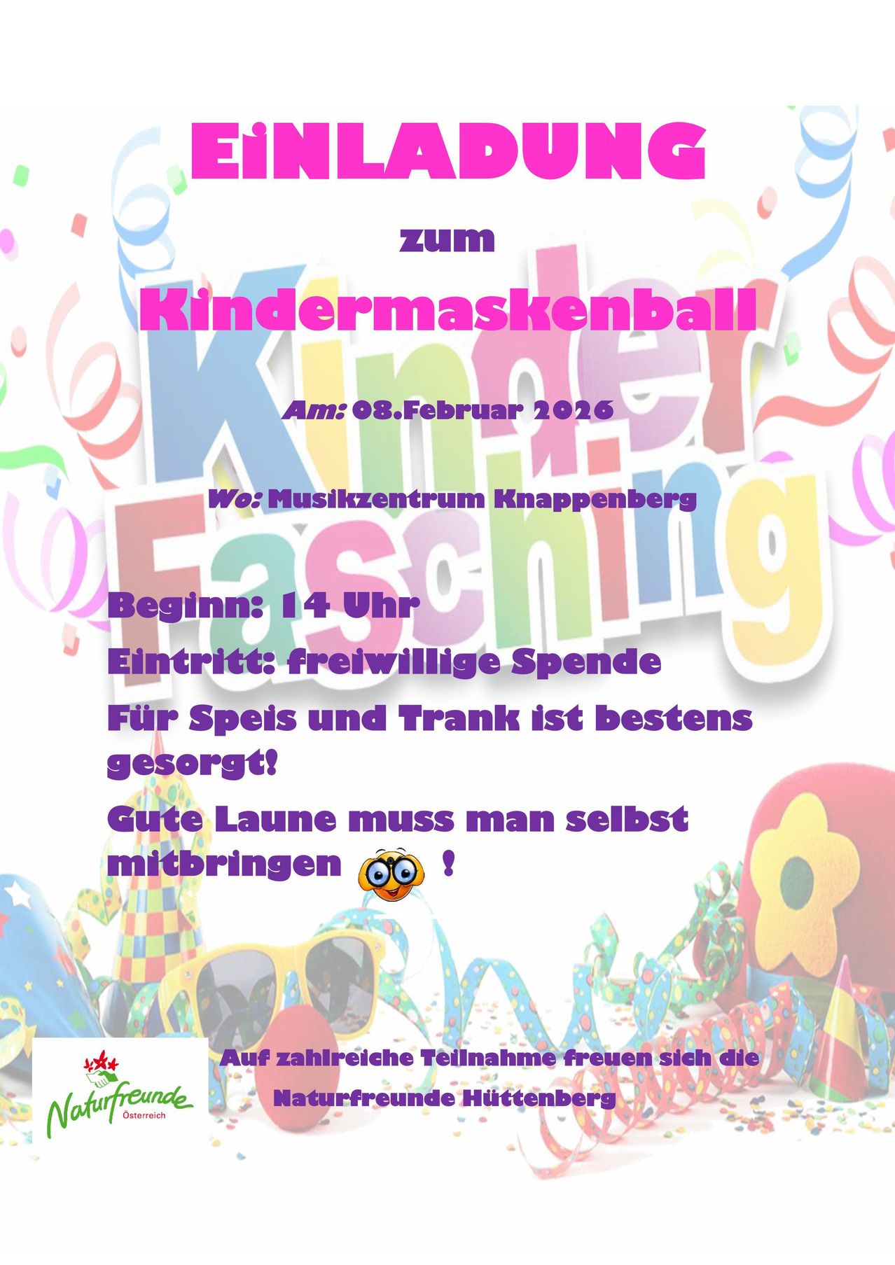 Ein Plakat für einen Kindermaskenball am 8. Februar 2026 im Musikzentrum Knappenberg. Es beginnt um 14 Uhr. Der Eintritt ist durch freiwillige Spenden. Bringen Sie Ihre eigenen Gartenstühle mit.