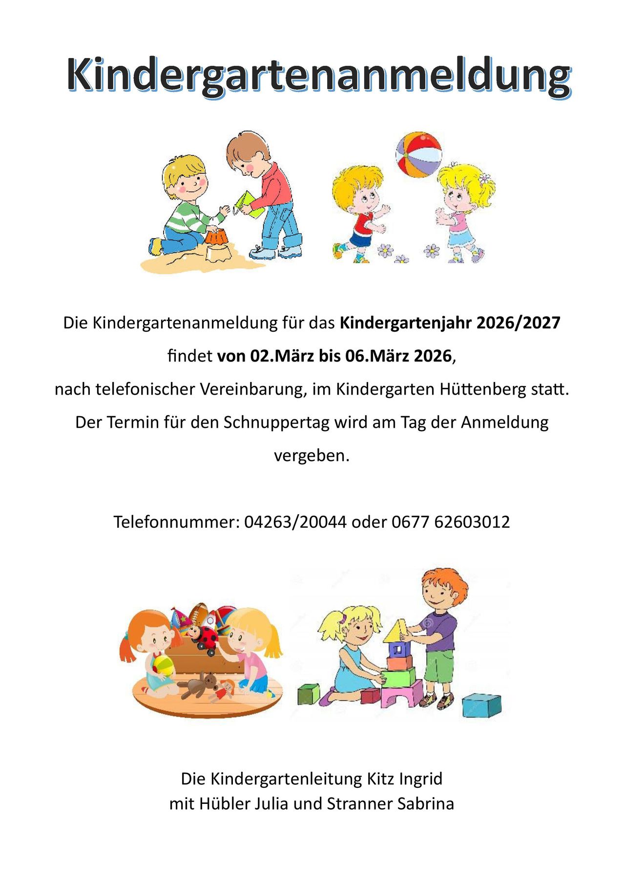 Ein Bild zeigt Kinder bei verschiedenen Aktivitäten mit Text zur Kindergartenanmeldung. Es erwähnt den Anmeldezeitraum und Kontaktnummern.