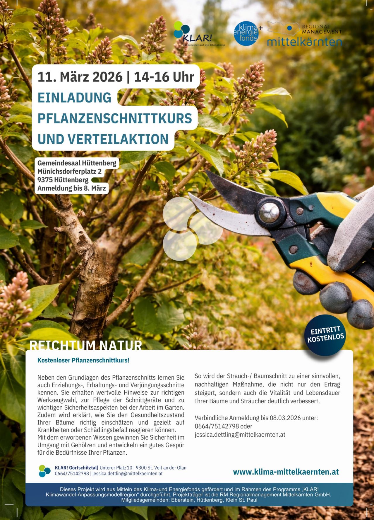 Der Flyer lädt zu einem kostenlosen Pflanzenschnittkurs und zur Verteilung am 11. März 2026 von 14-16 Uhr ein. Ausgerichtet im Huttenberg Gemeindesaal, Anmeldung bis 8. März. Er erläutert Schnitttechniken und deren Vorteile, betont nachhaltige Praktiken für die Gartengesundheit.
