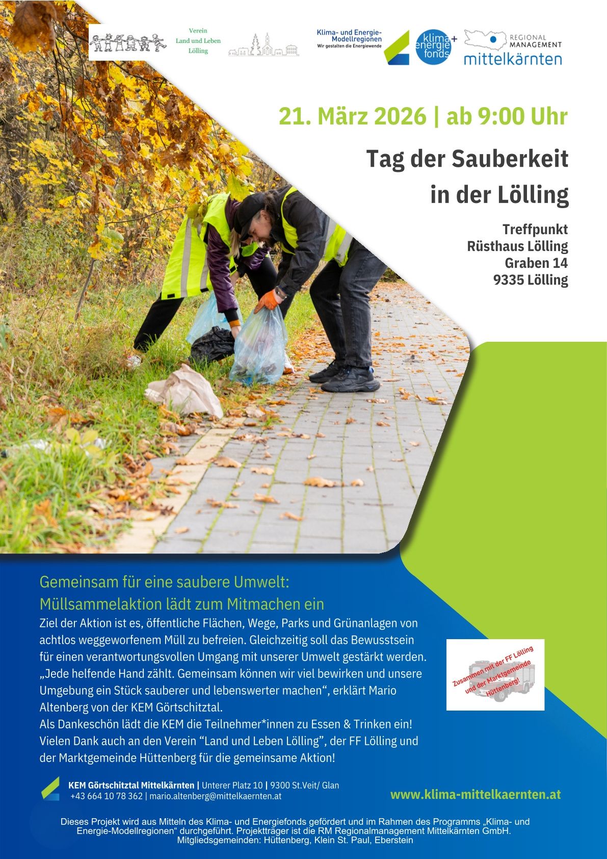 Zwei Personen in Warnwesten und Handschuhen sammeln Müll auf einer Rasenfläche neben einem gepflasterten Gehweg. Der Text auf dem Bild lautet 'Tag der Sauberkeit in der Lölling' und gibt Details zu einer Müllsammelaktion bekannt. Der Treffpunkt ist im Lölling Resthaus am Graben 14, 9335 Lölling. Das Bild enthält auch ein Logo der FF Lölling auf der rechten Seite.