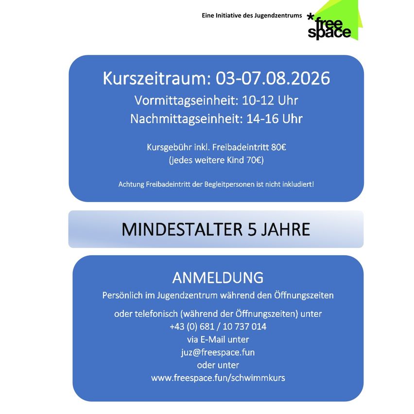 Ein Plakat für einen Schwimmkurs des Jugendzentrums. Es zeigt die Kursdaten, Zeiten und Gebühren. Das Mindestalter beträgt 5 Jahre. Die Anmeldung kann persönlich, telefonisch oder per E-Mail erfolgen.