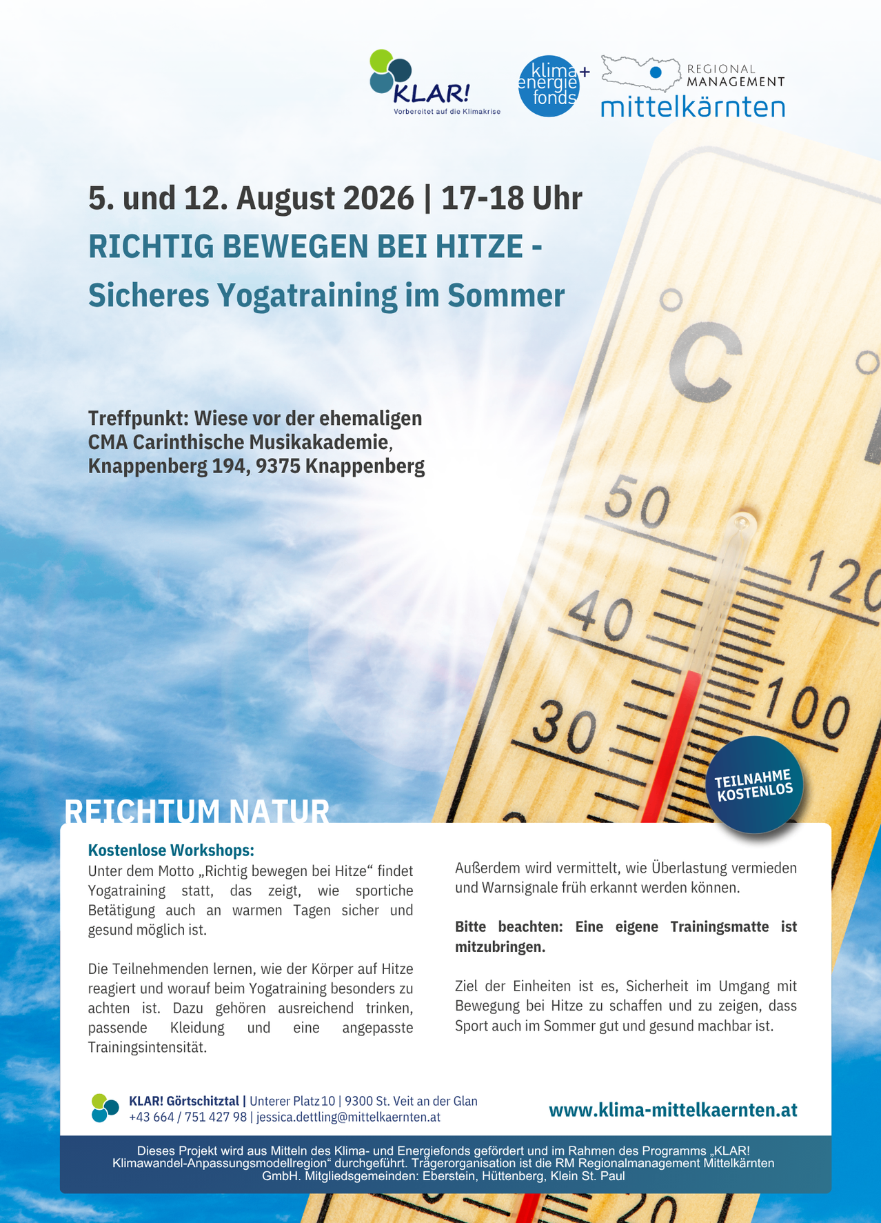 Ein Flyer für ein Yoga-Workshop im Sommerhitze, mit dem Titel 'Richtige Bewegung bei Hitze', bietet Details über das Event, einschließlich Datum, Uhrzeit und Ort. Es betont die Wichtigkeit der richtigen Bewegung und Hydration bei heißem Wetter.