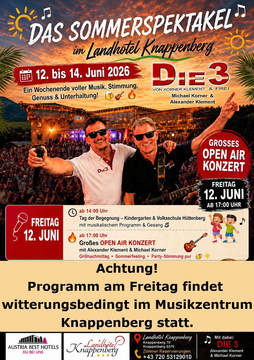 Plakat für ein Musikevent namens Die 3. Es zeigt zwei Männer mit Gitarren, eine Menge und ein Gebäude im Hintergrund. Datum und Uhrzeit für verschiedene Veranstaltungen sind angegeben.