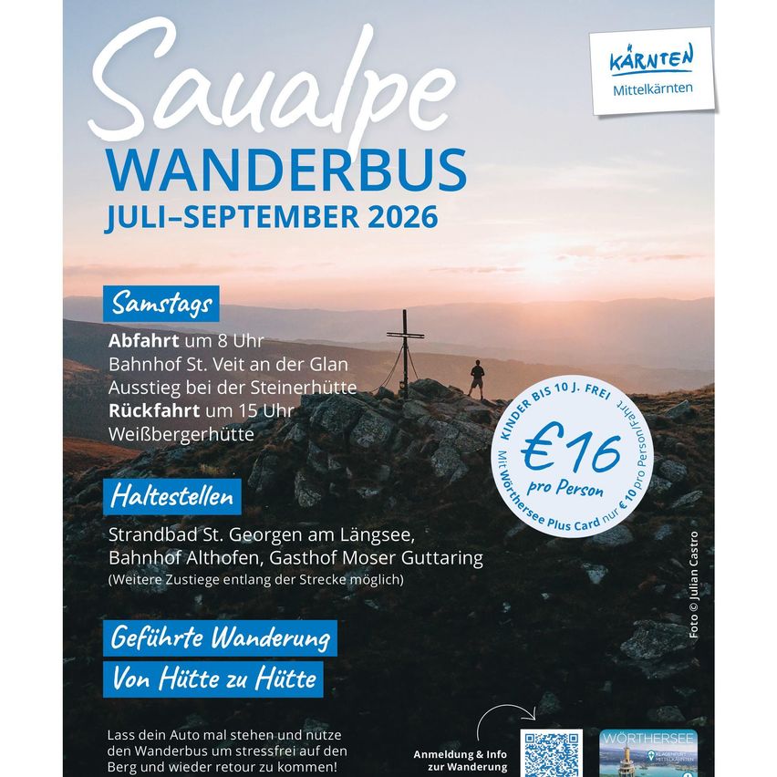 Flyer für Saualpe Wanderbus, Reisen Juli-September 2026. Start von Bahnhof St. Veit an der Glan, Rückfahrt von Steinerhütte um 15. Haltestellen an verschiedenen Orten. Kosten: 16 Euro pro Person.