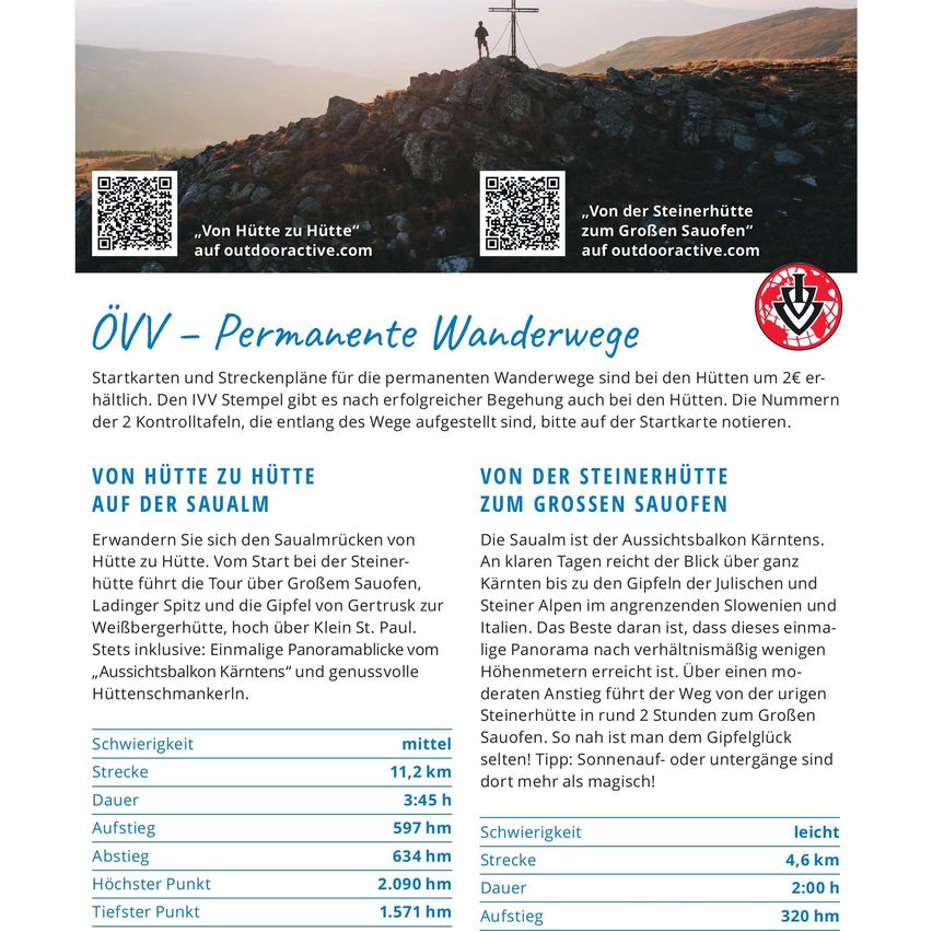 Ein Flyer mit Wanderweginformationen, erhältlich an den Hütten für 2€. Stempel sind nach der Wanderung an den Hütten erhältlich. Notieren Sie die Kontrollbuchnummern auf der Karte. Wanderwege von Hütte zu Hütte und von der Steinerhütte zum Großen Sauofen.