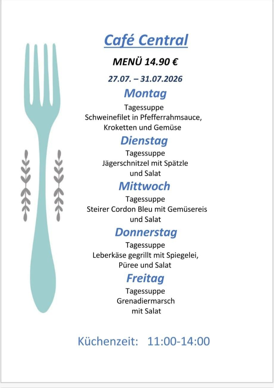 Ein Menü für die Woche vom 27. bis 31. Juli 2026 mit täglichen Mahlzeiten, Preisen und Beschreibungen.