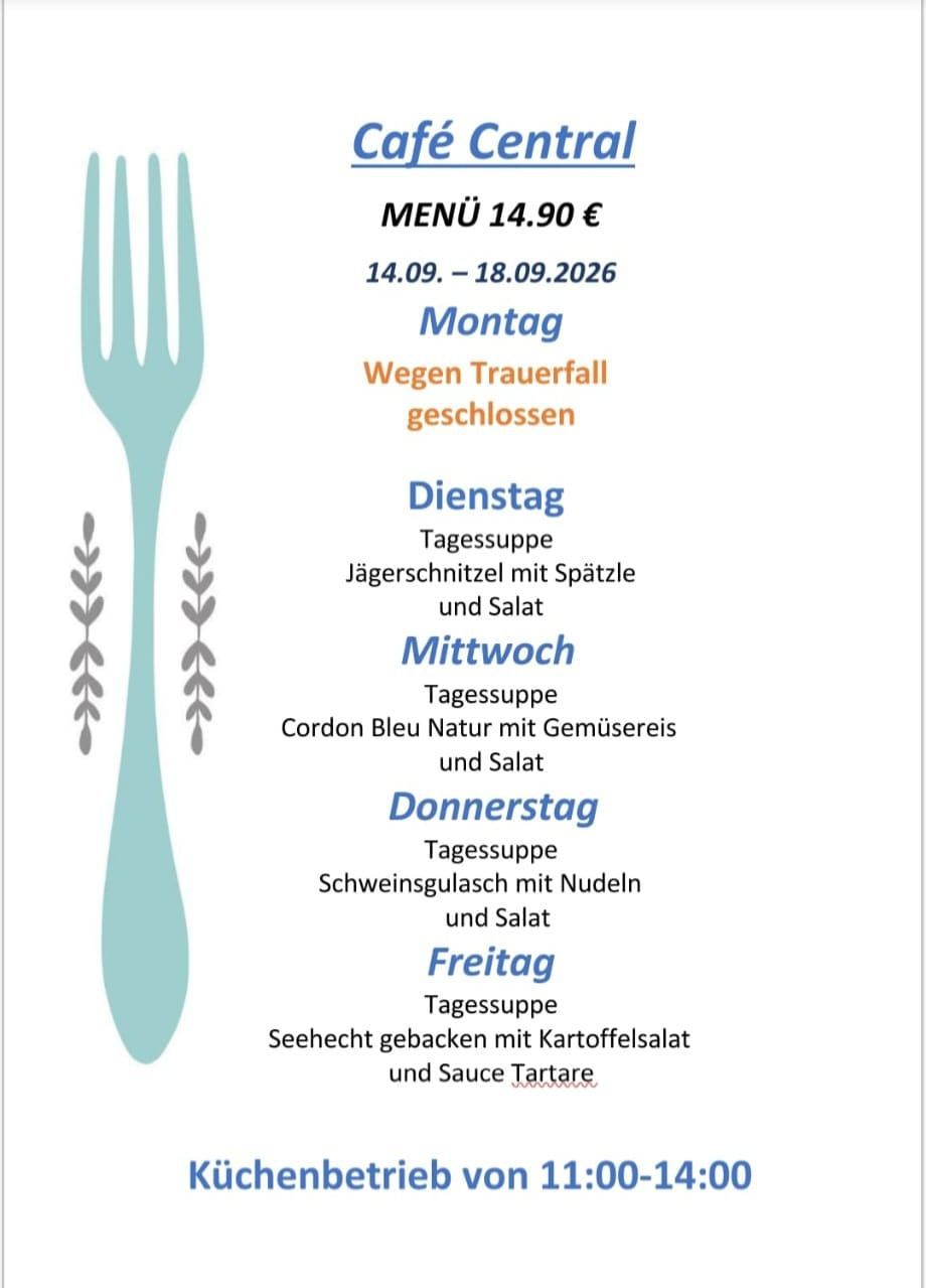 Wöchentliche Speisekarte vom 14. bis 18. September 2026. Montag wegen Trauer geschlossen. Tägliche Suppen mit verschiedenen Zutaten.