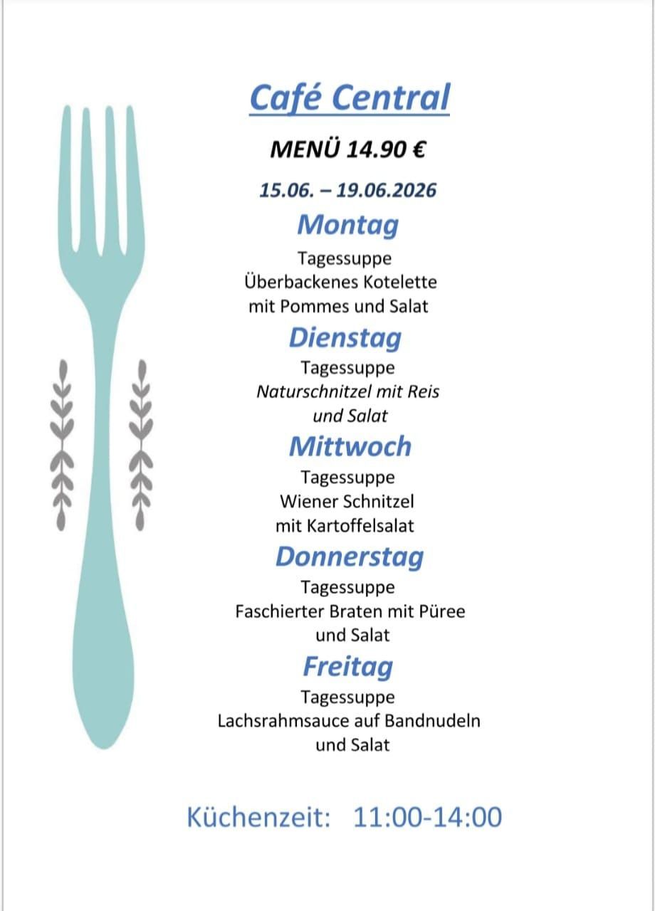 Menü vom 15.06. bis 19.06.2026: Montag - Überbackenes Kotelette mit Pommes und Salat. Dienstag - Naturschnitzel mit Reis und Salat. Mittwoch - Wiener Schnitzel mit Kartoffelsalat. Donnerstag - Faschierter Braten mit Püree und Salat. Freitag - Lachsrahmsauce auf Bandnudeln und Salat.