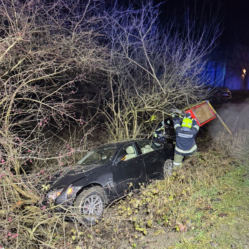 Ein Feuerwehrmann zieht ein beschädigtes Fahrzeug nach einem Unfall in der Nacht aus einem Baum.
