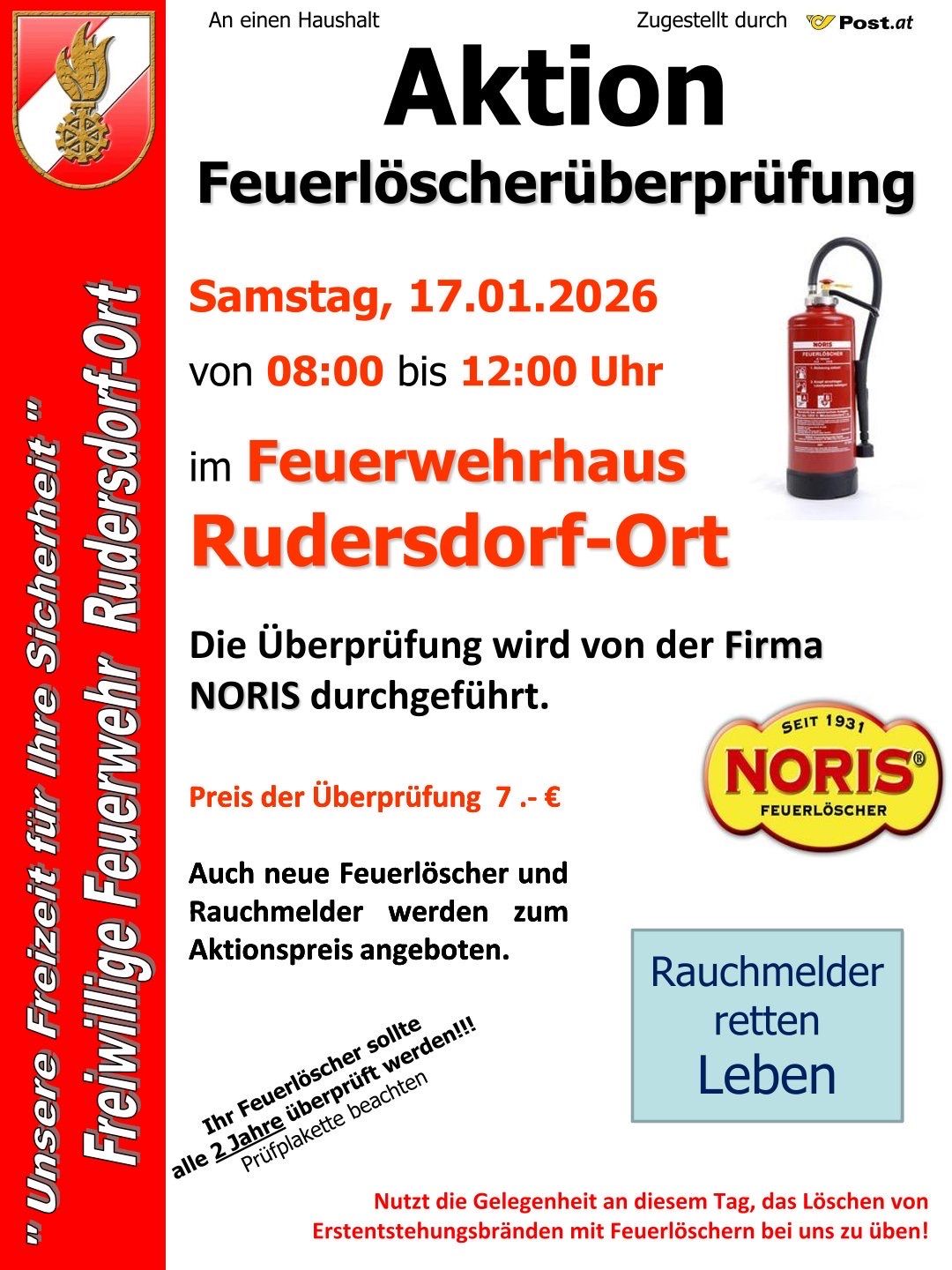 Ein Plakat für eine Feuerlöscher-Überprüfung am 17.01.2026 von 08:00 bis 12:00 Uhr im Feuerwehrhaus Rudersdorf-Ort. Die Überprüfung wird von der Firma NORIS durchgeführt. Neue Feuerlöscher und Rauchmelder werden zum Aktionspreis angeboten.