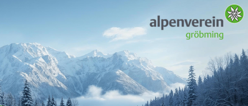 Eine Werbung für Wintersportveranstaltungen im Winter 2025/26. Es listet Termine und Aktivitäten wie einen Sicherheitstag für Skitouren, Schneeschuhwandern, Skitour Kalkbretterkopf, Stresslesstour Kreuzeck, Jahreshauptversammlung im Hotel-Loy und Skihochtour Silvretta auf.