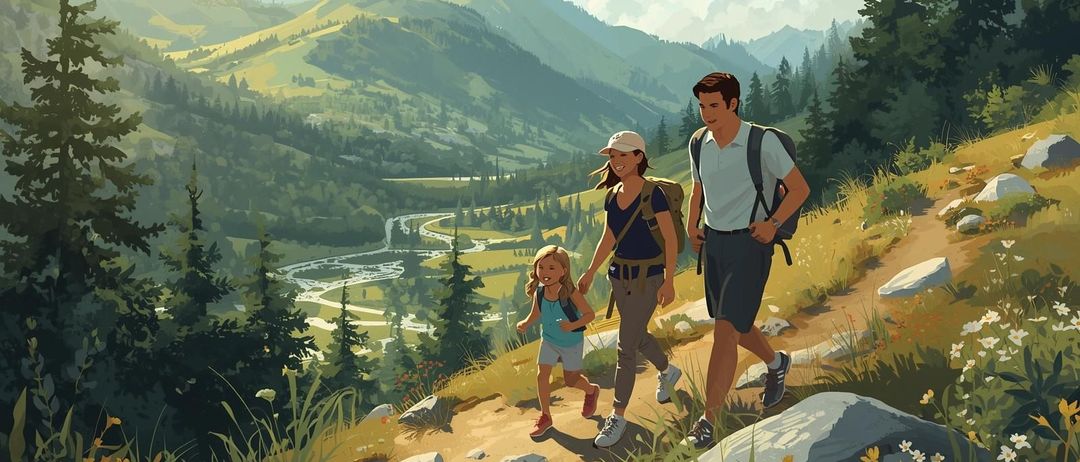 Eine dreiköpfige Familie wandert auf einem Bergpfad. Der Mann und die Frau tragen Rucksäcke, und das kleine Mädchen führt an. Im Hintergrund sind Bäume und ein Fluss zu sehen.