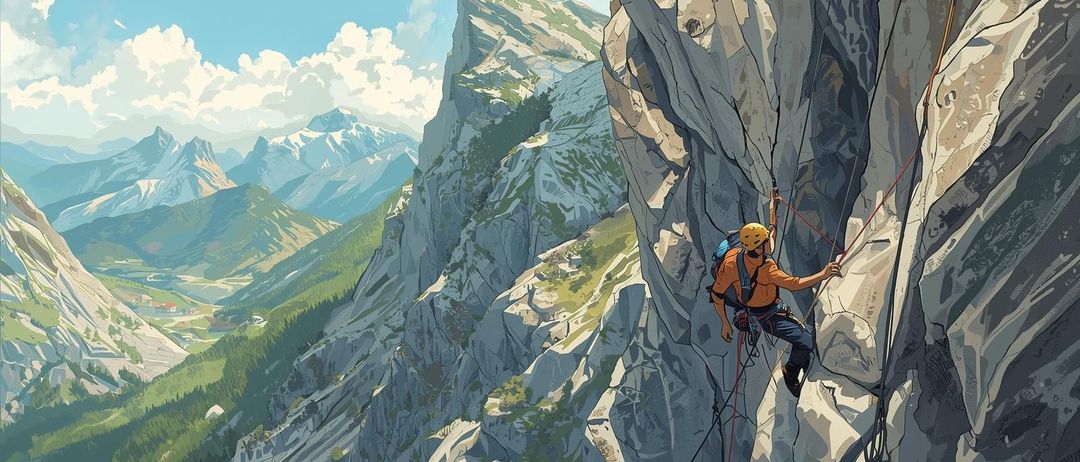 Eine Illustration eines Kletterers, der eine steile Felswand erklimmt. Der Kletterer trägt einen gelben Helm und eine orange Jacke. Die Szene zeigt eine bergige Landschaft mit üppigem Grün und einem entfernten schneebedeckten Gipfel.