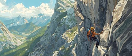 Eine Illustration eines Kletterers, der eine steile Felswand erklimmt. Der Kletterer trägt einen gelben Helm und eine orange Jacke. Die Szene zeigt eine bergige Landschaft mit üppigem Grün und einem entfernten schneebedeckten Gipfel.