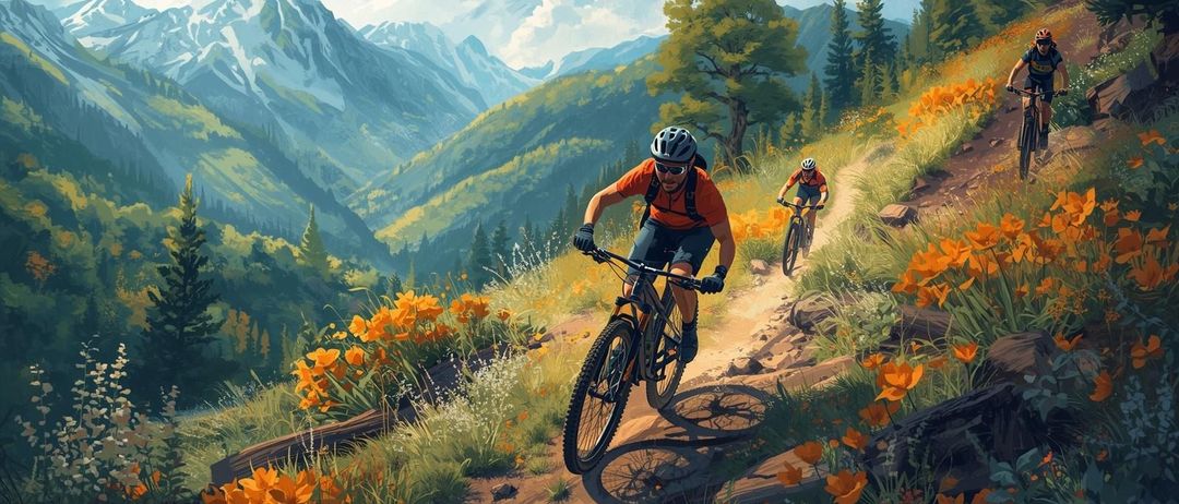 Zwei Radfahrer fahren auf einem Bergpfad. Sie tragen Helme und Sonnenbrillen, umgeben von Wildblumen und Bäumen. Berge und ein blauer Himmel im Hintergrund.