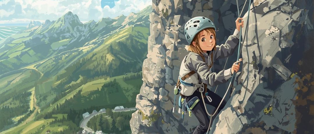 Ein junges Mädchen in einer grauen Jacke klettert mit einem Lächeln an einer Felswand. Sie ist mit einem Helm, Gurtzeug und Seilen ausgestattet. Ein Dorf mit Häusern ist unten zu sehen.