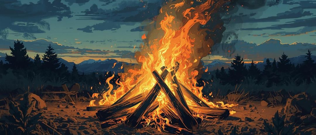 Ein intensives Lagerfeuer brennt mit großen Flammen in einem Gebirgsgebiet in der Dämmerung. Das Feuer ist von Holzscheiten umgeben und wirft ein warmes Licht. Im Hintergrund sind Berge und Bäume zu sehen.
