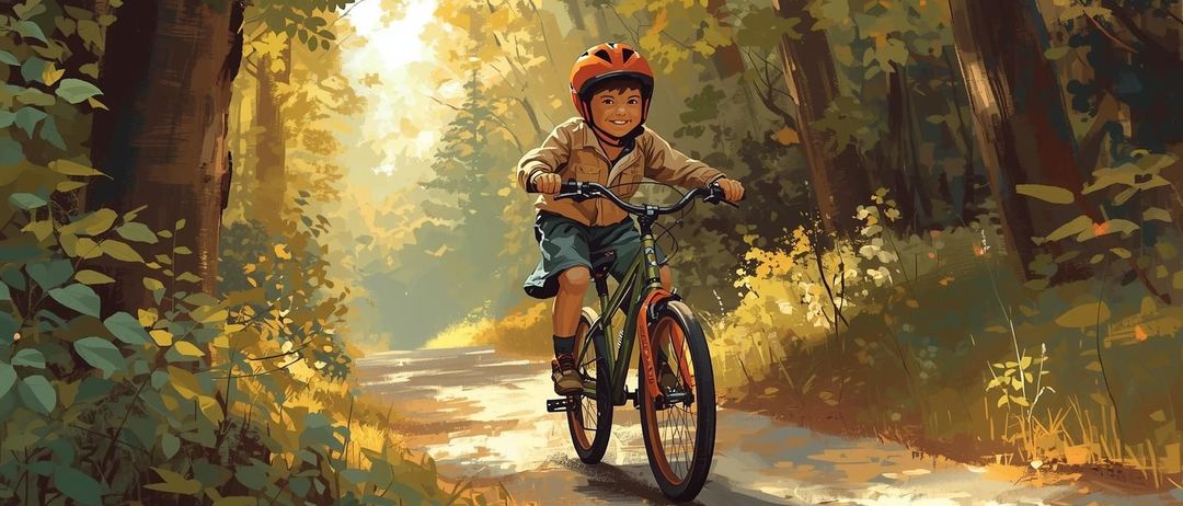 Ein junger Junge fährt mit einem Fahrrad durch einen sonnendurchfluteten Wald. Er trägt einen Helm und lächelt, während er auf einem schmalen Pfad fährt. Der Wald ist voller Bäume und gelber Blätter.