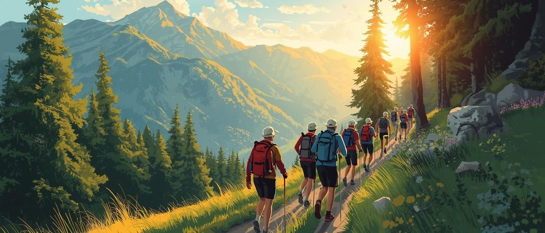 Hiker durchqueren einen Bergpfad mit Rucksäcken, Trekkingstöcken und Mützen. Der Pfad ist von hohen Bäumen und Gras umgeben. Dahinter Berge unter einem blauen Himmel.