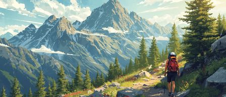 Eine künstlerische Darstellung eines Wanderers auf einem Bergpfad, umgeben von Bäumen und Wildblumen unter einem teilweise bewölkten Himmel.
