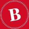 Ein rotes kreisförmiges Logo mit weißem Rand zeigt einen großen weißen Buchstaben B in der Mitte.