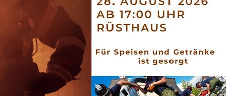 Plakat für eine Feuerwehrveranstaltung am 28. August 2026 mit einem Feuerwehrmann und einer Gruppe von Feuerwehrleuten in Aktion.